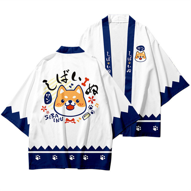 Cardigan estilo japonês com impressão do cão dos desenhos animados para meninos e meninas, praia haori, quimono yukata, streetwear tradicional, moda