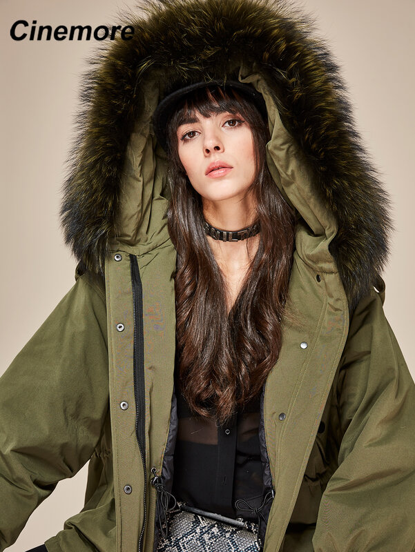 Cinemore 2021 jaqueta feminina com capuz natural real grande gola de pele inverno parkas solto forro de pele moda parka casaco feminino 870602