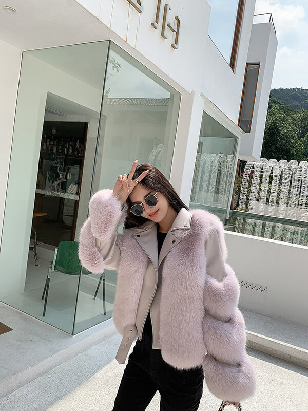 Casaco de pele de couro feminino, jaqueta de pele de raposa verdadeira para mulheres, roupa de pele de carneiro genuíno com pelo de luxo, nova remessa, 2021