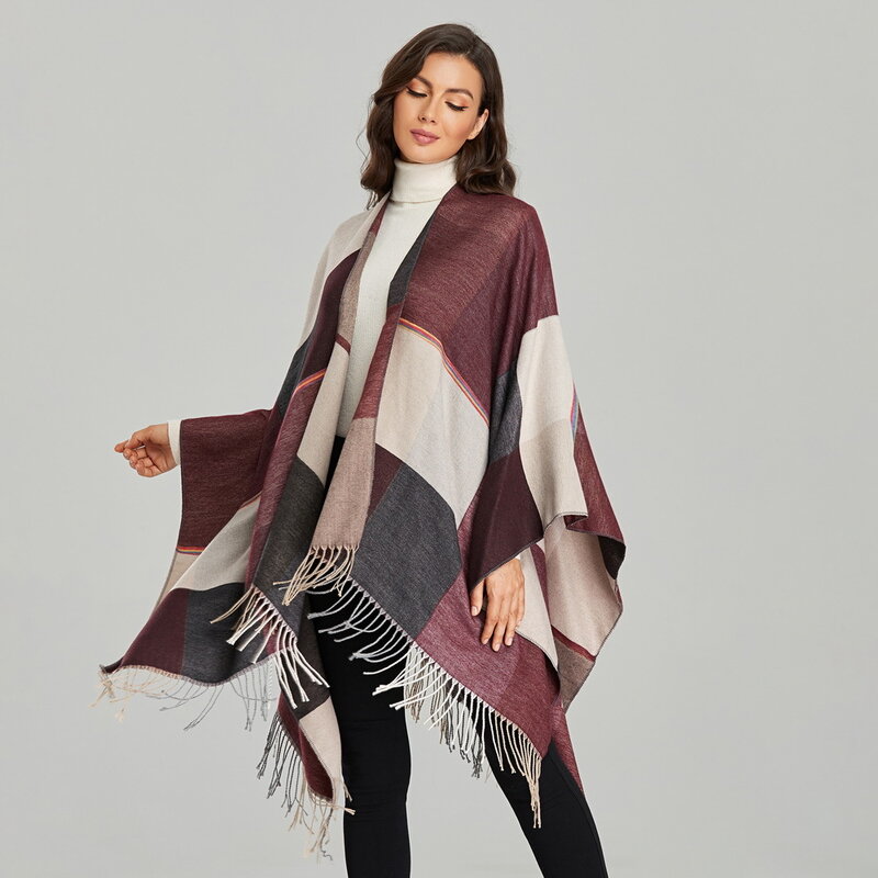 Luxury Brand Women's Winter Tassel Cashmere Scarf Ponchos Coat 2021 Fashion Plaid Warm Thick Shawl Wrap Pashmina Blanket Femme