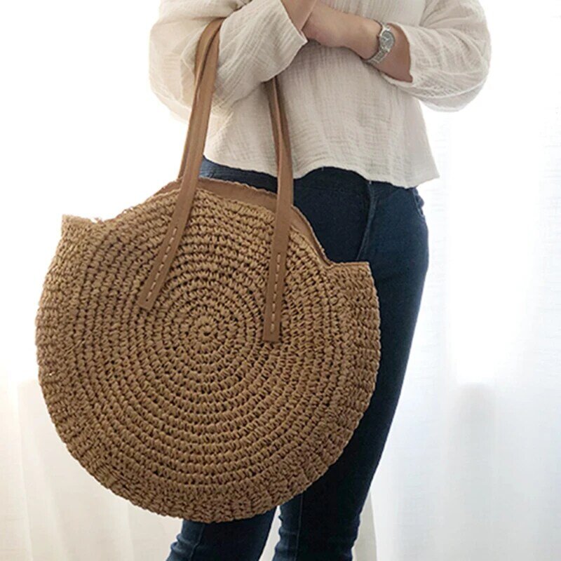 Bolso de playa de paja para mujer, bolsa de rafia tejida a mano de estilo bohemio e informal y con diseño redondo para el verano