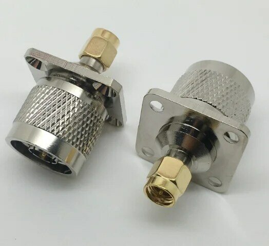 N Male To SMA Male adapter With 4 Hole Flange Panel Solder 25 X 25mm  RF Coax  Connectors