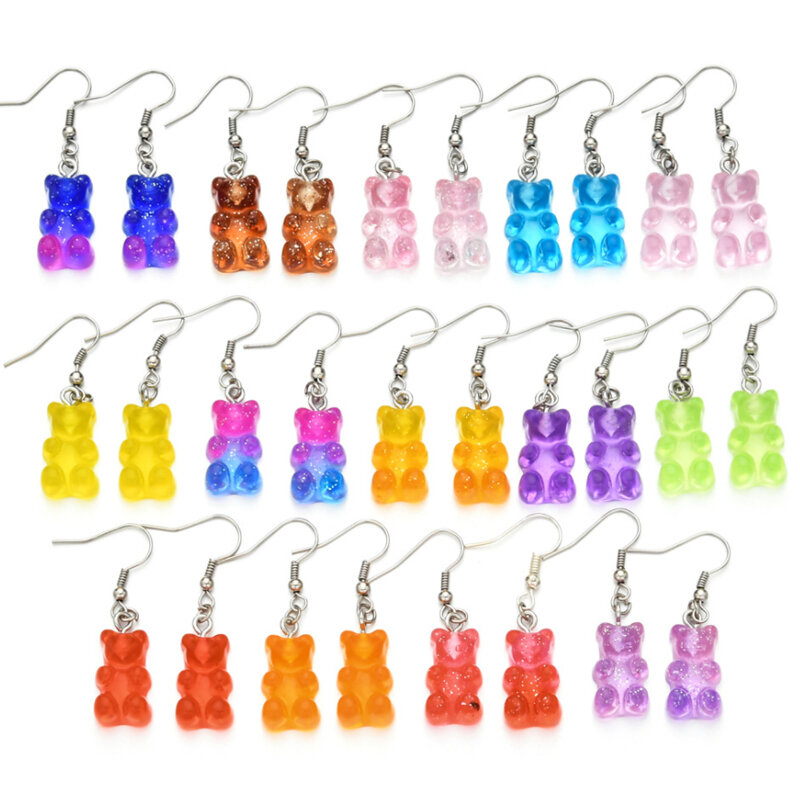 Boucles d'oreilles ours de dessin animé, 1 paire, bijoux en cristal coloré, crochet goutte, couleur bonbon, cadeaux de noël