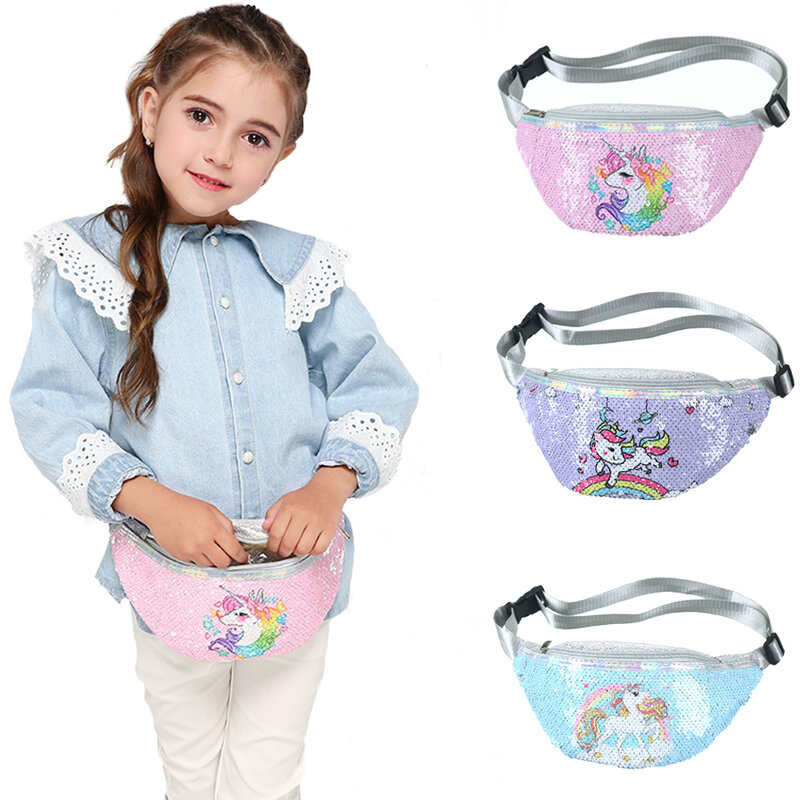 Pochete infantil de unicórnio com lantejoulas, bolsa de cintura para meninas, com estampa de lantejoulas, para viagem ao ar livre