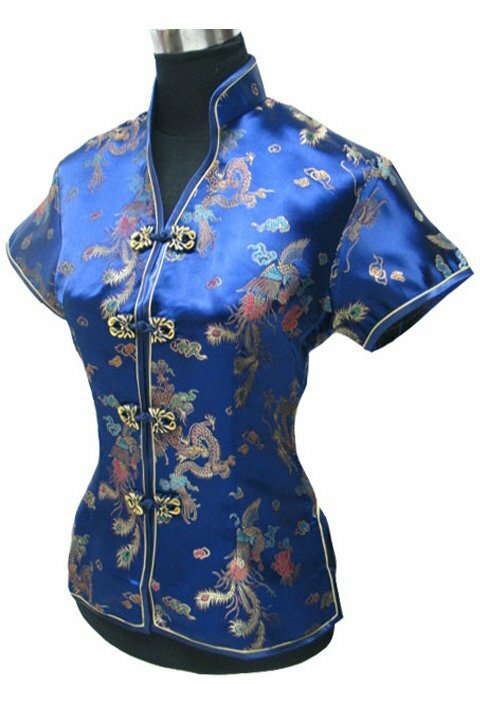 Blusa azul de estilo chino para mujer, camisa con cuello en V, Tops de traje Tang de satén de seda, S, M, L, XL, XXL, XXXL, JY0044-4, promoción de verano