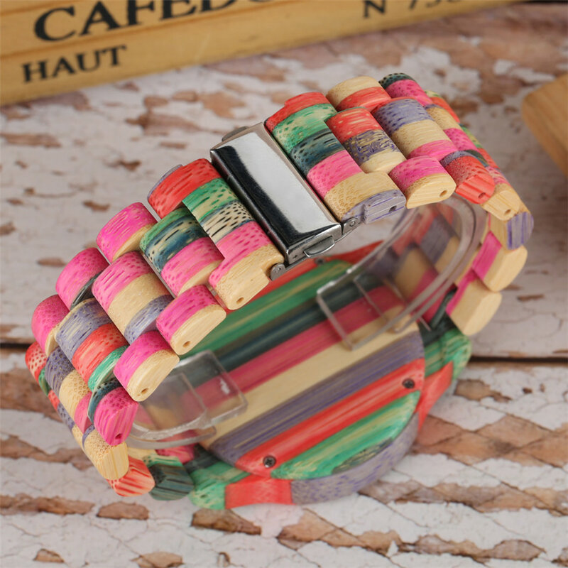 Damskie zegarki bambusowe kwarcowe drewniane zegarki zegarki dla par naturalne wielobarwne miłośnicy bransoletek nowy wzór drewna zegarek