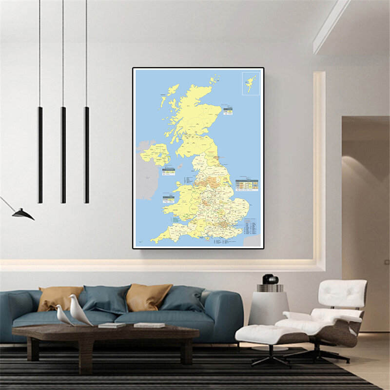Mapa del Reino Unido de 42x59cm con regiones detallado, póster de tamaño pequeño, pintura en lienzo, decoración del hogar, suministros escolares, regalo de viaje