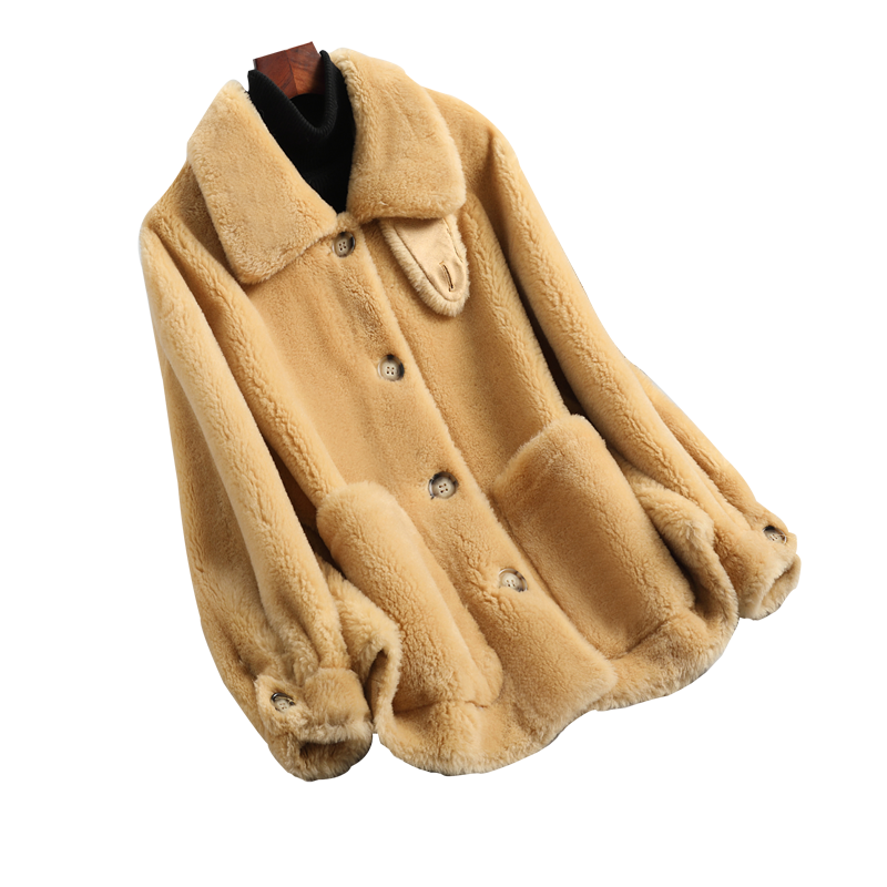 Casaco de lã de grão feminino, jaqueta curta de couro e pele de ovelha solta com peles para outono e inverno, novo estilo