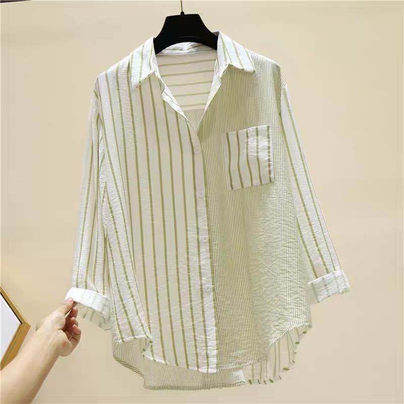 Women Oversize Striped Shirt With Pockets Ladies Fashion Elegant Blouses 2021 Casual Youth Long Sleeve Top Korean Style Clothing