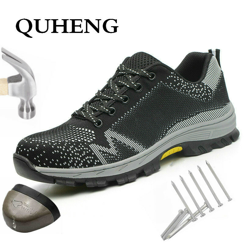 QUHENG SafetyWork أحذية للرجال غطاء صلب لأصبع القدم مكافحة smashingwork أحذية عادية واقية ثقب واقية الهواء شبكة شحن مجاني