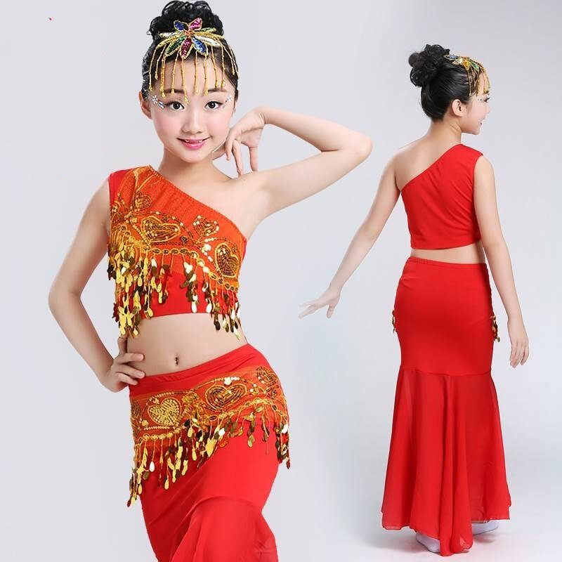 Disfraz de danza del vientre para niña y mujer, traje Oriental con lentejuelas, falda con cola de pez, 100-160CM