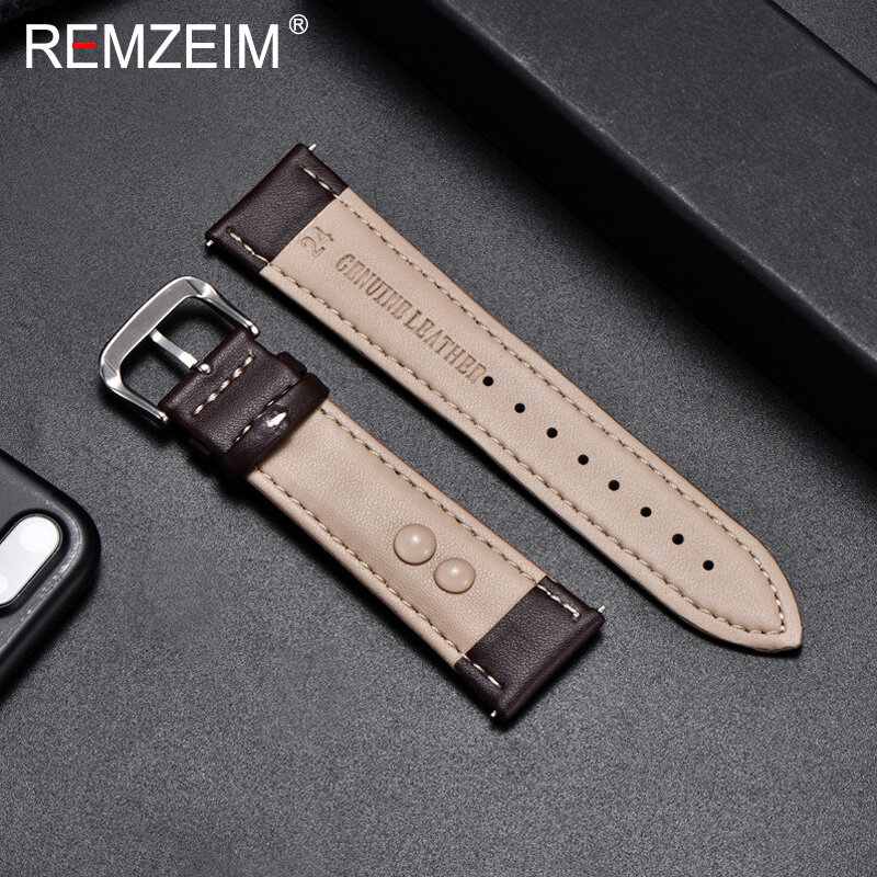REMZEIM Calfskin Leather Watchband Soft Material Watch Band Wrist Strap 18mm 20mm 22mm 24mm With Silver Stainless Steel Buckle