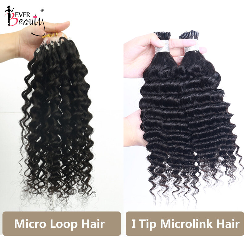 Ever Beauty-Extensions de Cheveux Humains Brésiliens Vierges, Tissage en Lot, Deep Wave, avec Micro Anneau, I-Tip Microlinks