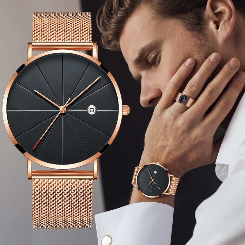 Relógio masculino ultrafino Monte Homme, pulseira de malha de aço com calendário
