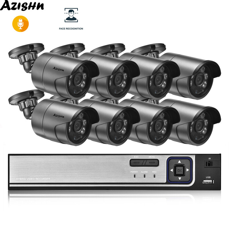 Kit de sistema de vigilância e segurança doméstica azishn com 8 canais poe nvr, cctv, hd 5mp, h.265, áudio, à prova d'água, bala, ip