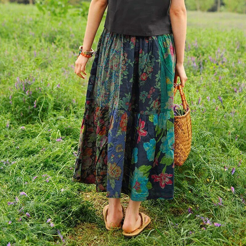 Letnia spódnica damska styl boho Print spódnica w stylu chińskim elastyczna talia patchworkowa spódnica długie spódnice