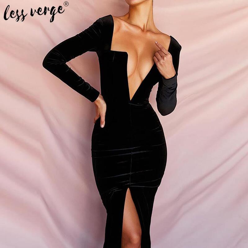 Черное длинное платье с глубоким v-образным вырезом и открытой спиной, осенне-зимнее платье макси с длинным рукавом, vestido, женское облегающее...