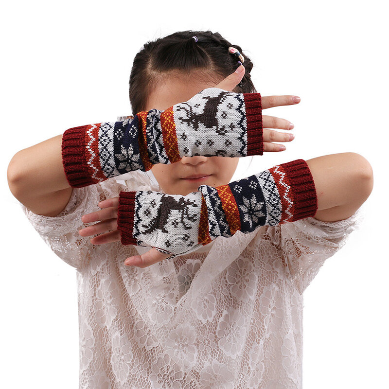 Manchettes pour femmes, gants tricotés sans doigts, mitaines de 32cm de Long, Guantes, cerf, flocon de neige