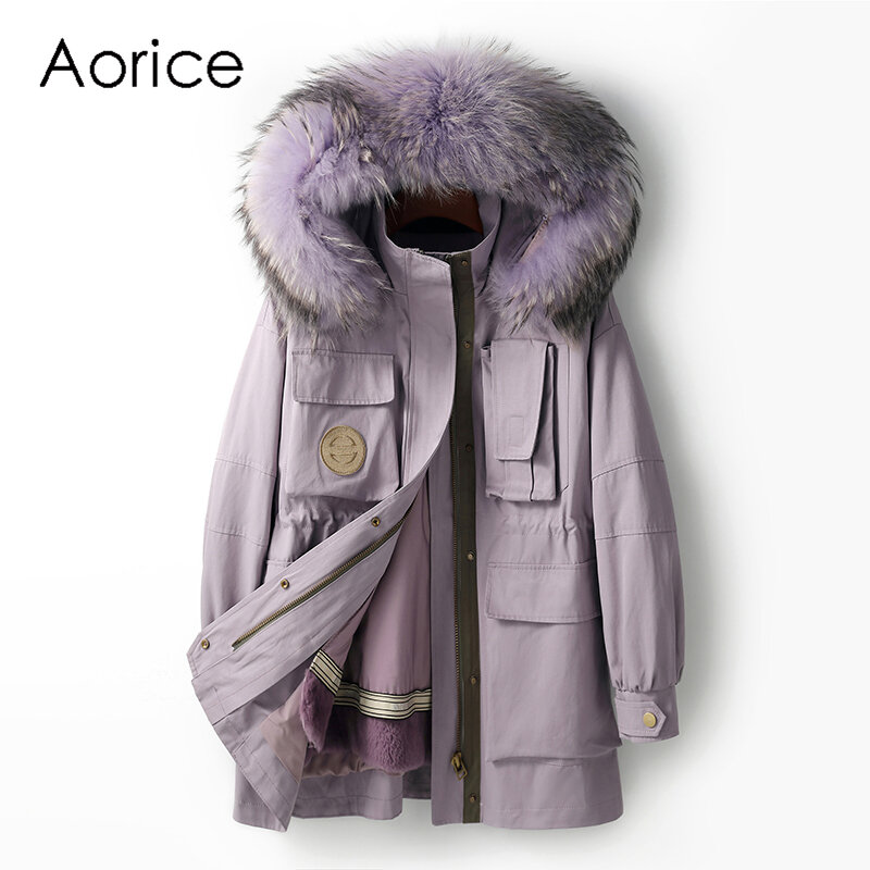 Aisu-女性用のウサギの毛皮のコート,オリジナルのウサギの毛皮のジャケット,アライグマの襟,パーカー,トレンチct170