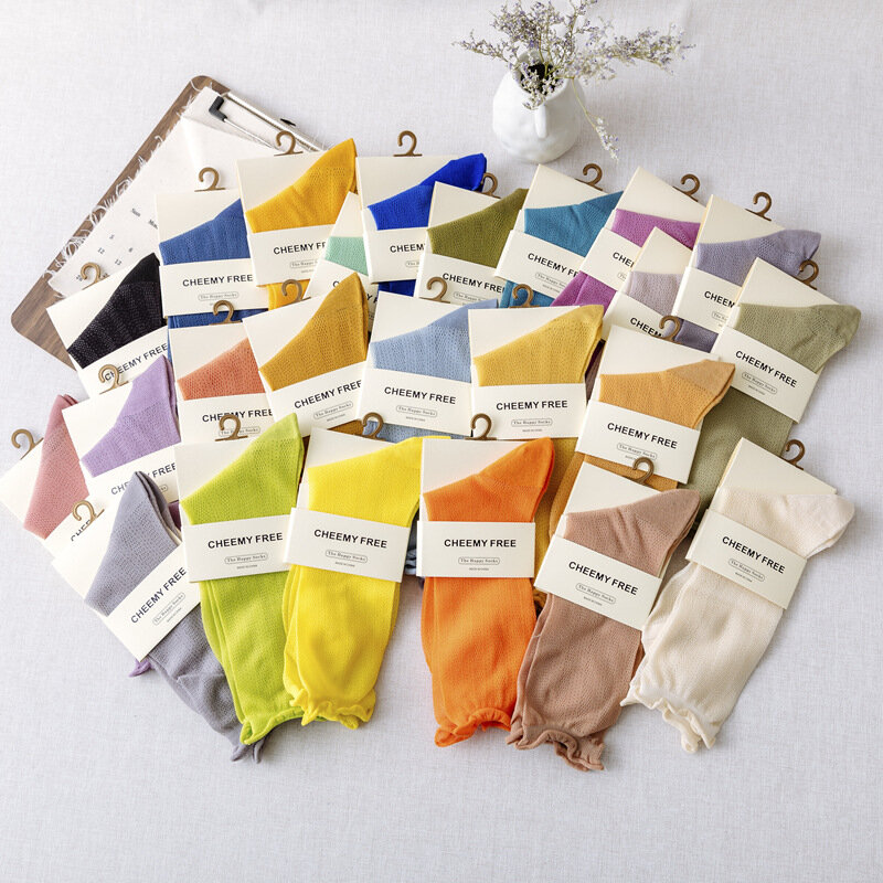 24 Colors Hollow Out Lace Mesh Nylon Socks Women Summer Breathable Ultra-thin Cool Socks Girls Japanese Candy Color In Tube Sock