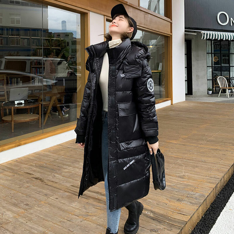 2023 z kapturem ocieplana kurtka zimowa kobiety Parka moda błyszczący puchowy płaszcz bawełniany średniej długości odzież wierzchnia luźne ciepłe Femme Hiver
