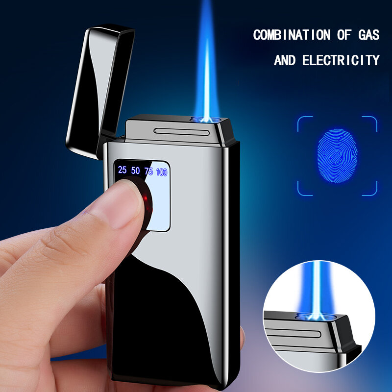 Electricidade Chama Azul Ice Plating Display Digital Power Touch Sensor Windproof Jet Cigar Torch Isqueiro Sem Gás