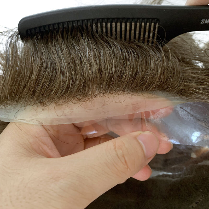 Bán Remy Tóc Cổ 0.04 ~ 0.06MM Mỏng Da V-Vòng Tóc Toupee Nam Tóc Giả Trinh Nữ tóc Thay Thế PU Poly Toupee