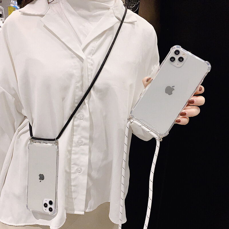 스트랩 코드 체인 iPhone 11 용 투명 전화 케이스 11 Pro XS Max XR X 7 8 6 6s Plus Carry Necklace Lanyard Clear Cover Cases