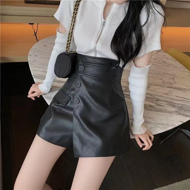 Pantalones cortos, short Mujer liso Simple de moda todo-Partido Irregular de ocio cintura alta botón estilo coreano mujer Streetwear de PU Retro