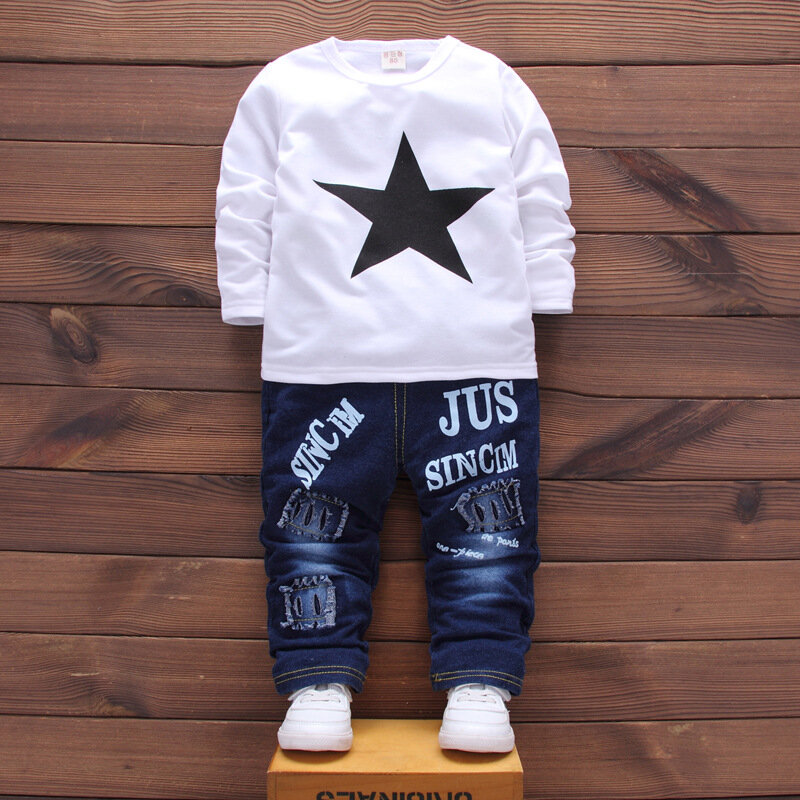 Одежда для маленьких мальчиков Новый хлопковый костюм из трех предметов для отдыха и спорта со звездами, джинсовая одежда теплый модный джи...