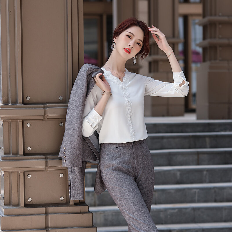 Lenshin-camisas con cuello en V para mujer, blusa de alta calidad con encaje, ropa de trabajo, Tops de oficina para mujer, estilo Suelto