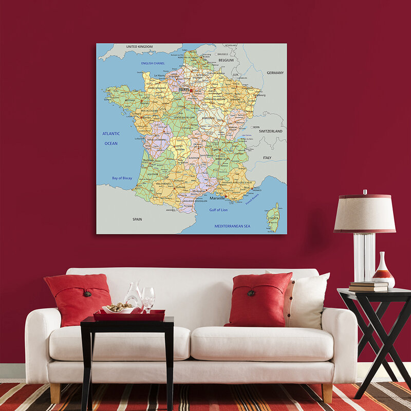 Toile Non tissée 150x150cm, peinture de la carte politique de la France en français, affiche murale, décoration de la maison, fournitures scolaires