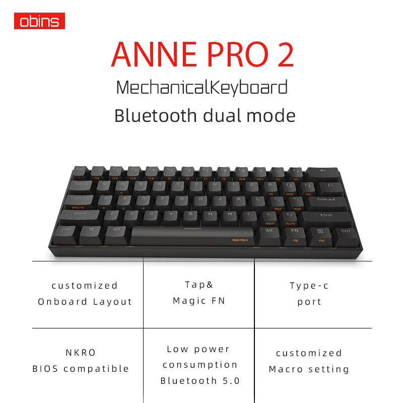 Беспроводная мини-клавиатура Anne Pro2 для игр, 60% портативная механическая клавиатура с Bluetooth, синий/коричневый переключатель Gatreon MX, отсоединя...