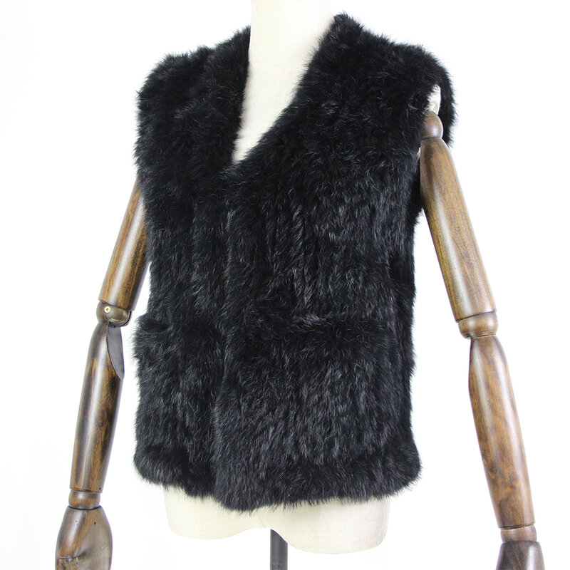 織りウサギの毛皮のベスト,ノースリーブの服,ポケット付き,自然な茶色/灰色/黒,新しい
