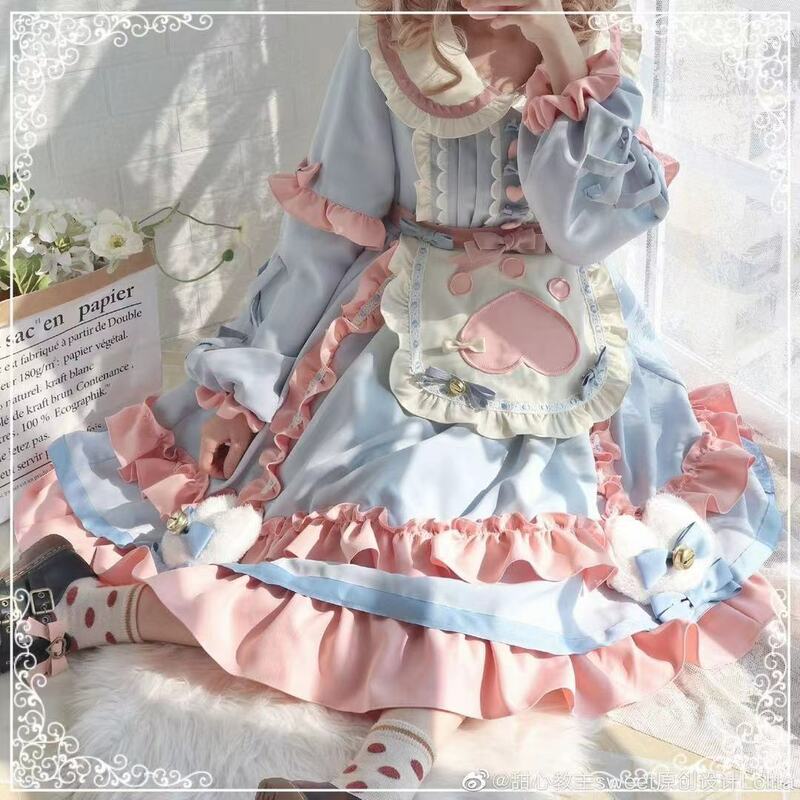 Lolita vestido japonês manga cheia de gato bonito sobremesa estação lolita outono inverno kawaii op bonito vestido de luz lo chá vestido de festa