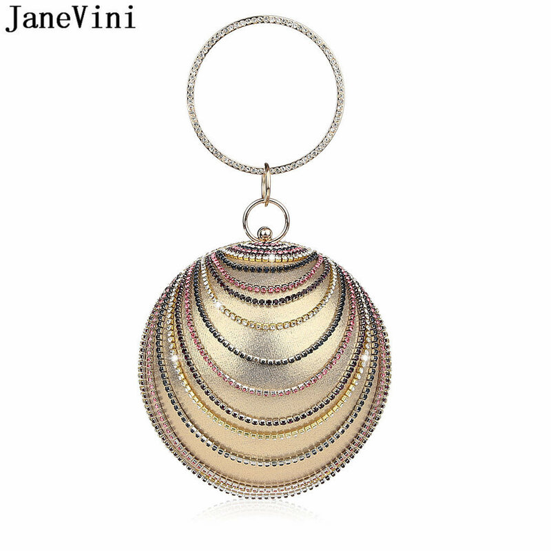 Janevini ouro nupcial bolsa de embreagem bolsa de luxo sacos de noite casamento redondo diamantes esféricos frisado moda feminina banquete saco de mão