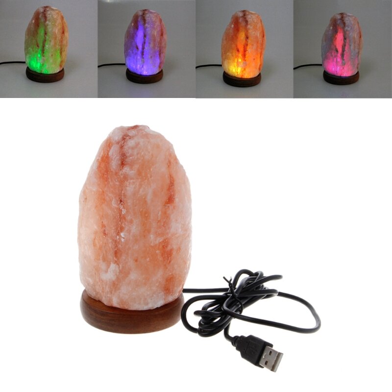 Mão esculpida USB Base de madeira Himalayan Rock Salt Lamp, Purificador de ar, Luz noturna, Decoração do quarto, Decoração para casa