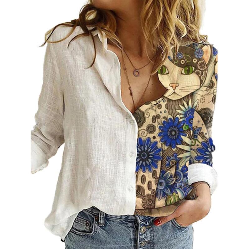 Mode Vrouwen Blouse Knoppen Lange Mouwen Zonnebloem Katten Patchwork Blouses Shirt Kantoor Vrouwen Kleding Рубашка Женская