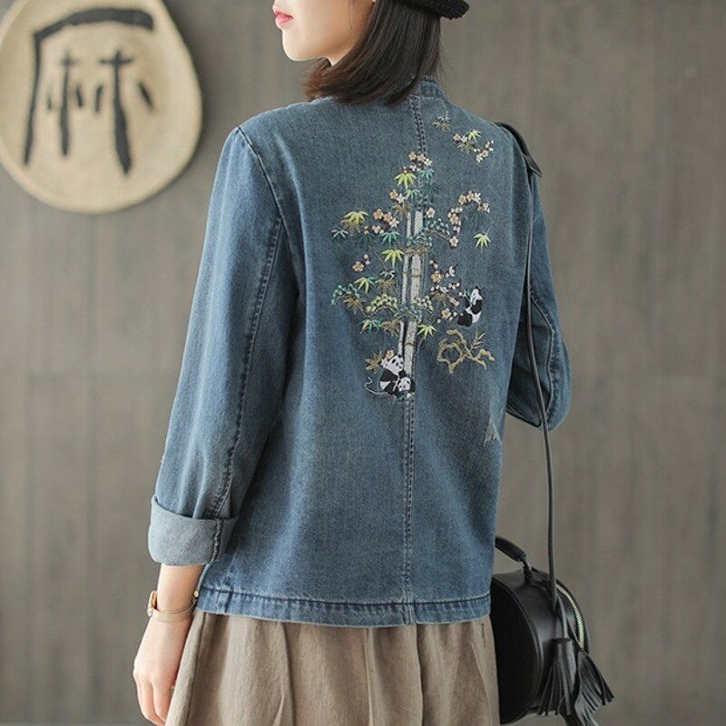 Женская модная однобортная джинсовая рубашка с длинным рукавом, винтажная свободная повседневная блузка в китайском стиле с цветочной вышивкой