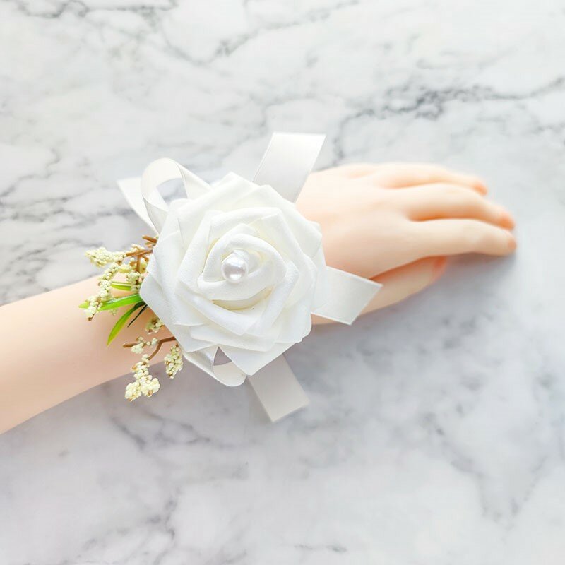 Pulseira floral corsage, bracelete de damas de honra, acessórios de casamento, rosa de espuma, amigas, festa de casamento, decoração de baile