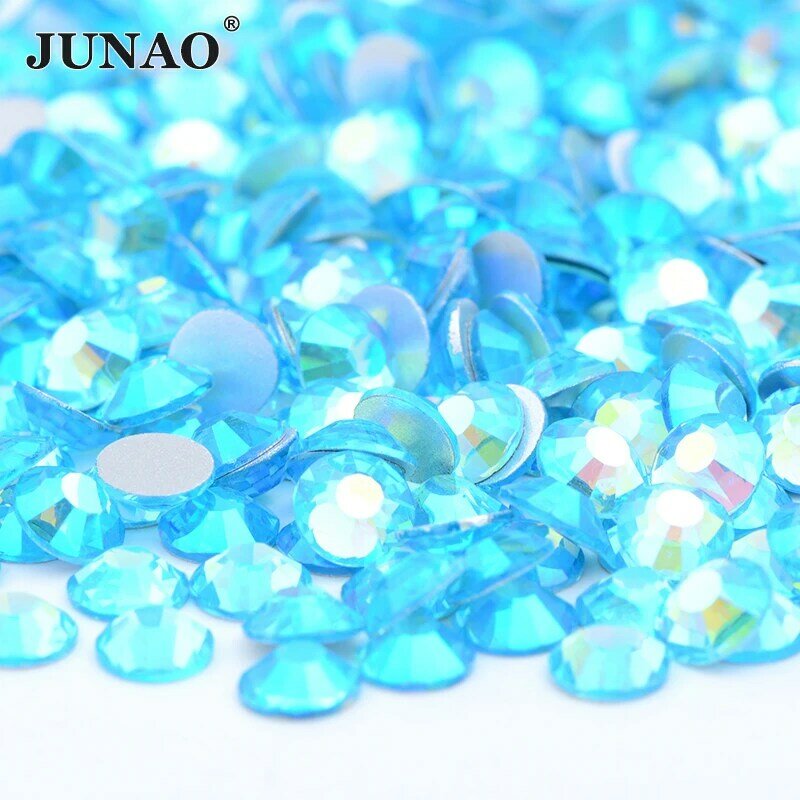 JUNAO SS6 8 10 12 16 20 30 Glitter Transparan AB Kaca Berlian Imitasi Datar Belakang Batu Kristal Non Hotfix Strass Dekorasi Seni Kuku