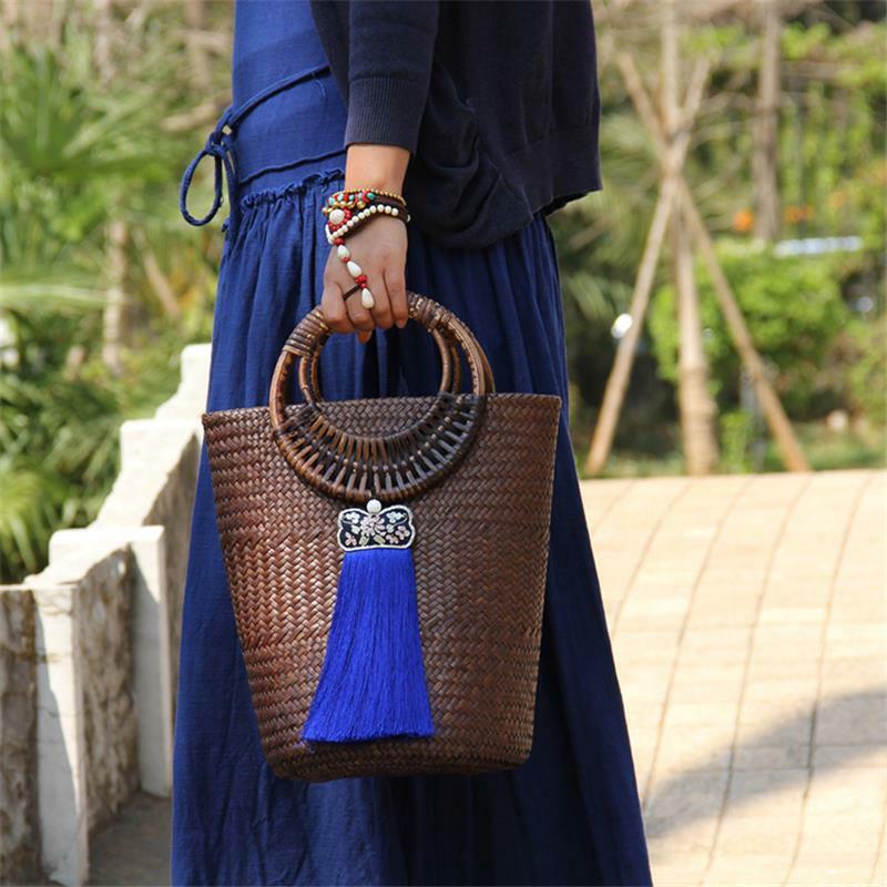 女性用タイの籐製ハンドバッグ,手織りバケット,レトロアート,22x28cm,a6101