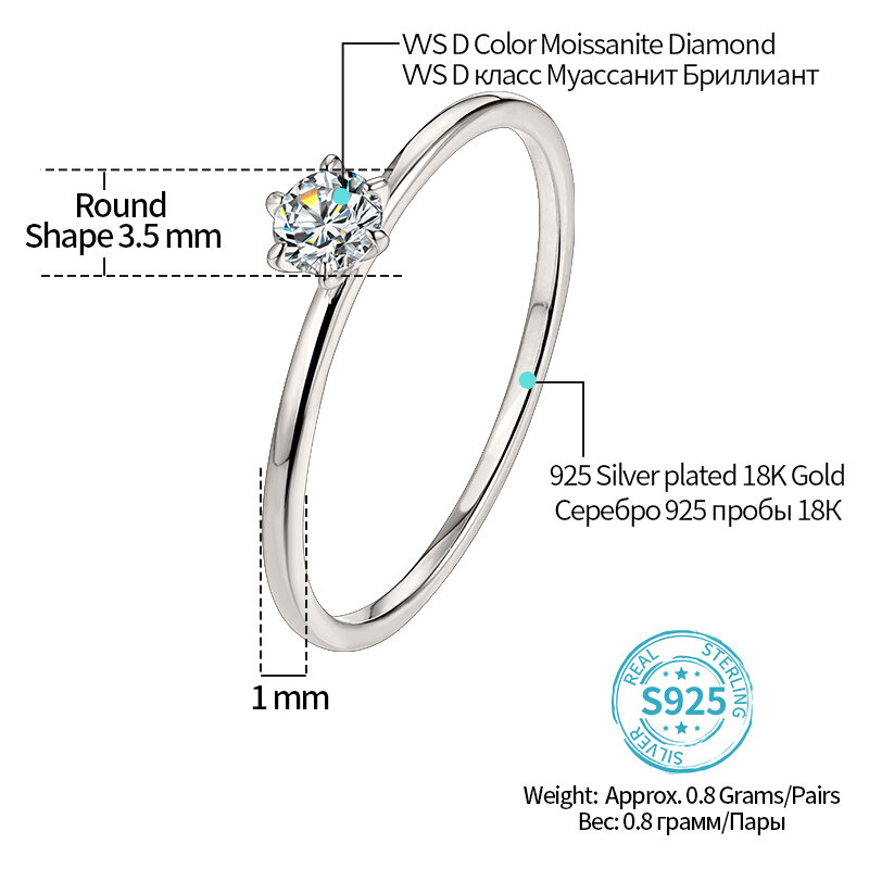 18K White Gold Plated Ring for Women 0.2ct Test Past D Moissanite Diamond Solitaire Ring Wedding Band Engagement Bridal