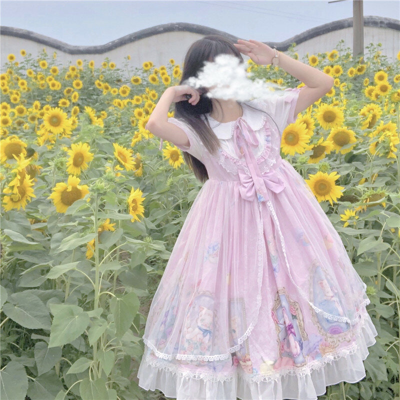 Vestido de Lolita victoriano para mujer, vestido Midi con estampado de gato lindo, azul y rosa, elegante, Kawaii, Y2k, elegante, Harajuku