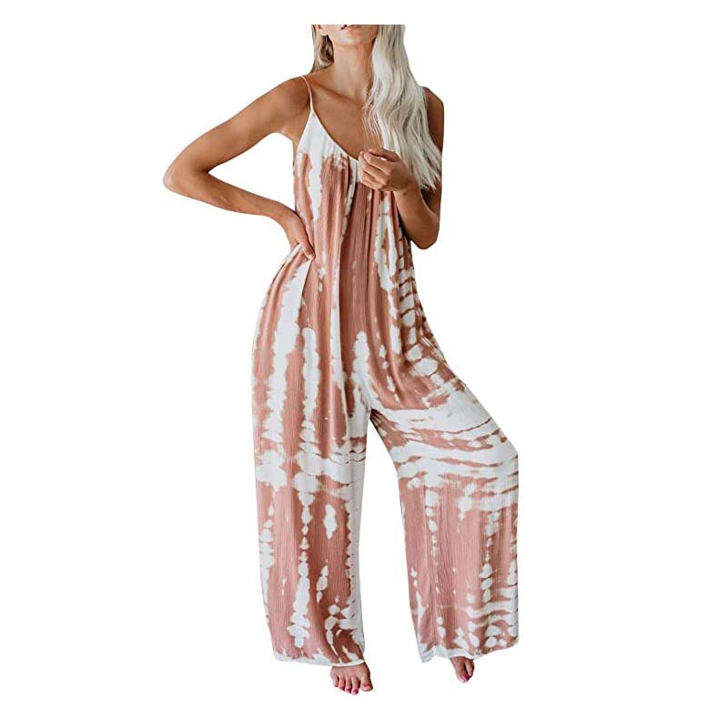 Womens Summer Jumpsuit Summer Tie Dye Jumpsuit Spaghetti Strap Loose Fit Romper Outfit Ladies Plus Size Backless Sleeve Playsuit