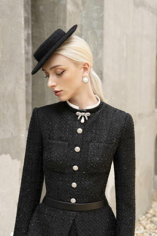 Sarto piccolo abito nero autunno inverno femminile abiti semi-formali di lusso leggero abito principessa in tweed nero taglie forti