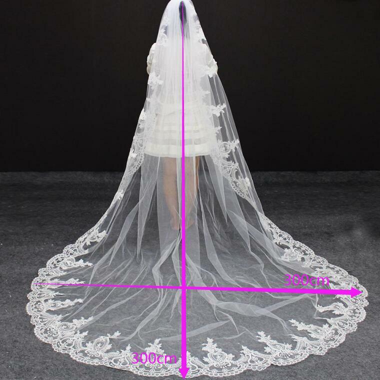 Long Wedding Veil with High Quality Lace Cathedral Bridal Veil with Comb One Layer 3 Meters White Ivory Veil Wedding Accessories