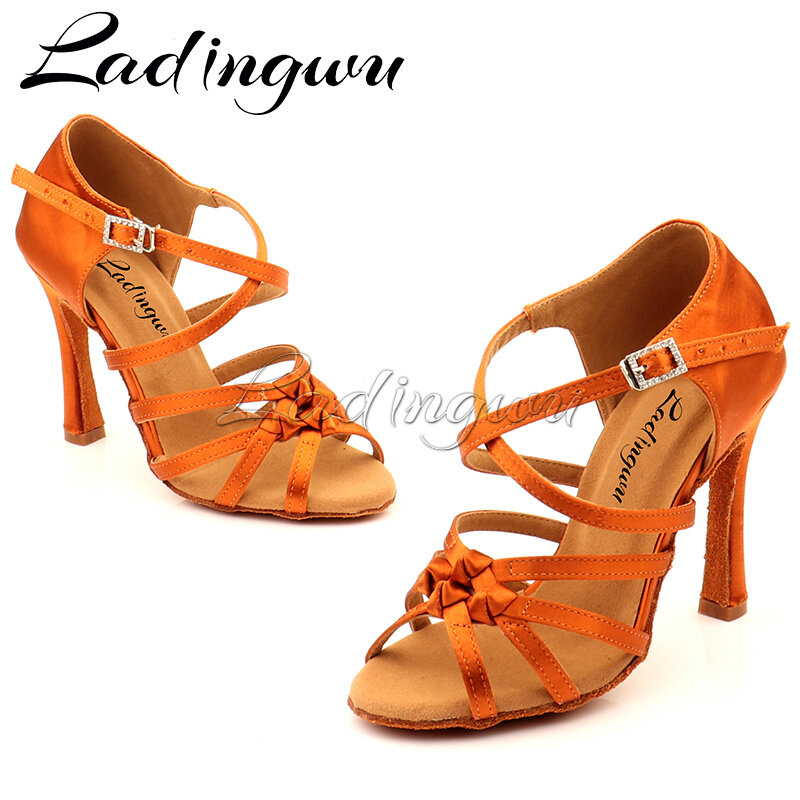 Ladingwu zapatos de baile latino de satén de seda de bronce, zapatos de baile de Salsa con nudo de cuatro bandas, zapatos de baile de salón y Tango