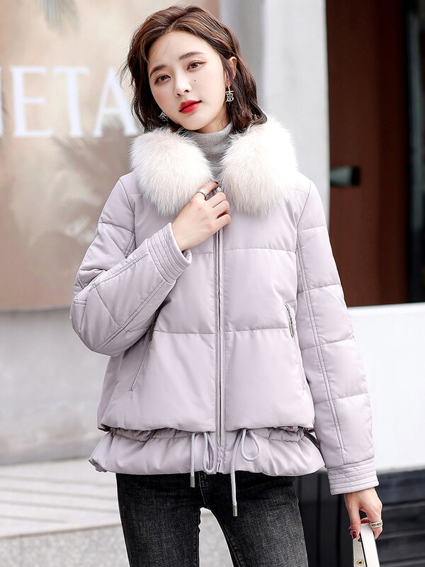 New Women Leather Down Jacket Winter 2024 Fashion Casual Real Fox Fur Turn-down Collar Drawstring Loose Short Sheepskin Coat