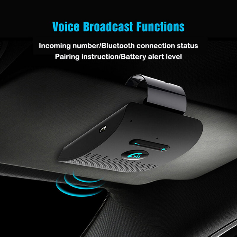 Bluetooth 5.0 Handsfree Car Kit HIFI Speaker 2W Wireless Audio Receiver MP3 Music Player Noise Cancelling Sun Visor Clip